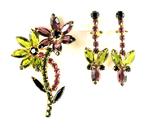 DeLizza and Elster Juliana Amethyst, Peridot, Rose and Black Rhinestone Flower Brooch and Earrings